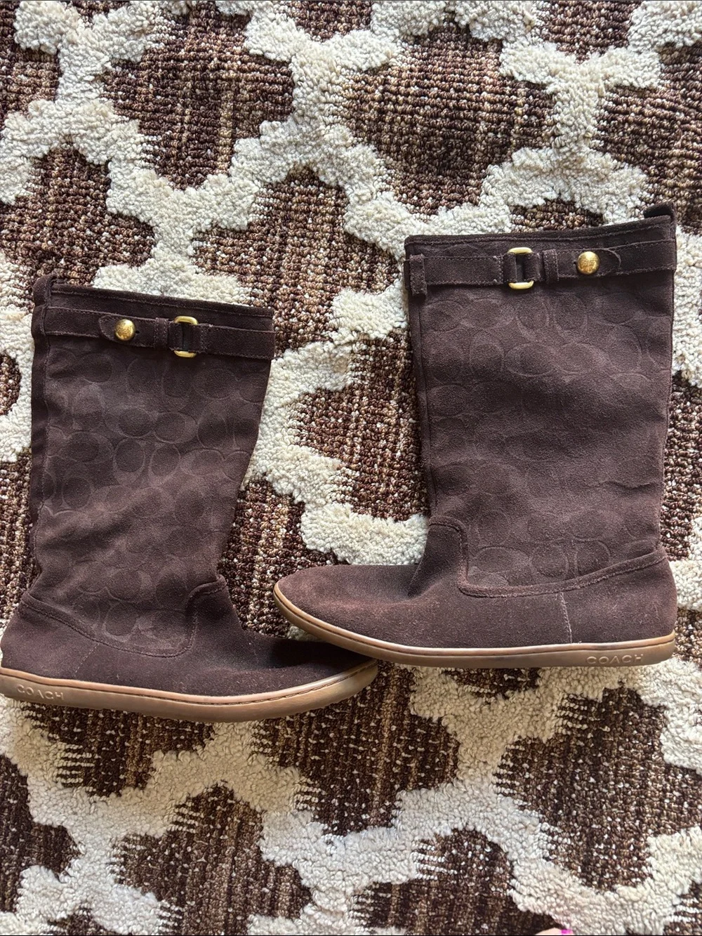 Coach Dark Brown Suede Logo Mid-Calf Boots with Gold Accents Suede sherpa lining